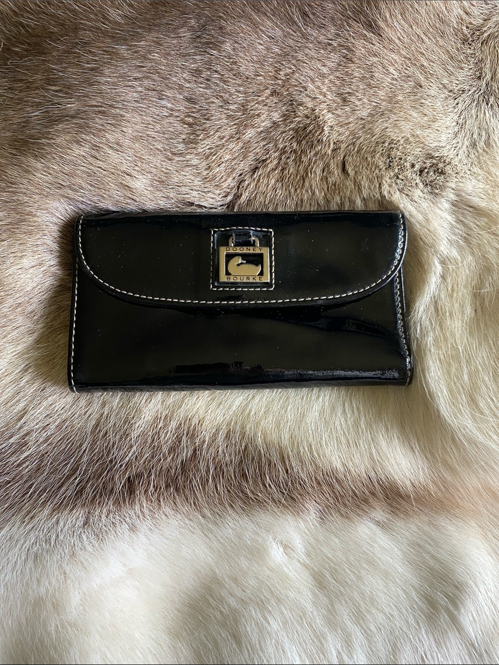 Dooney & Bourke Black Patent Leather Zip Wallet with Contrast Stitching